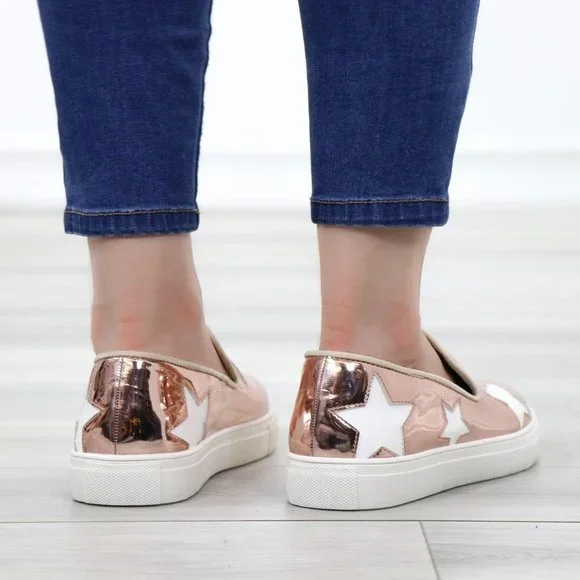 Rose Gold With White Stars Patent Sneakers Shoes - Picture 7 of 14